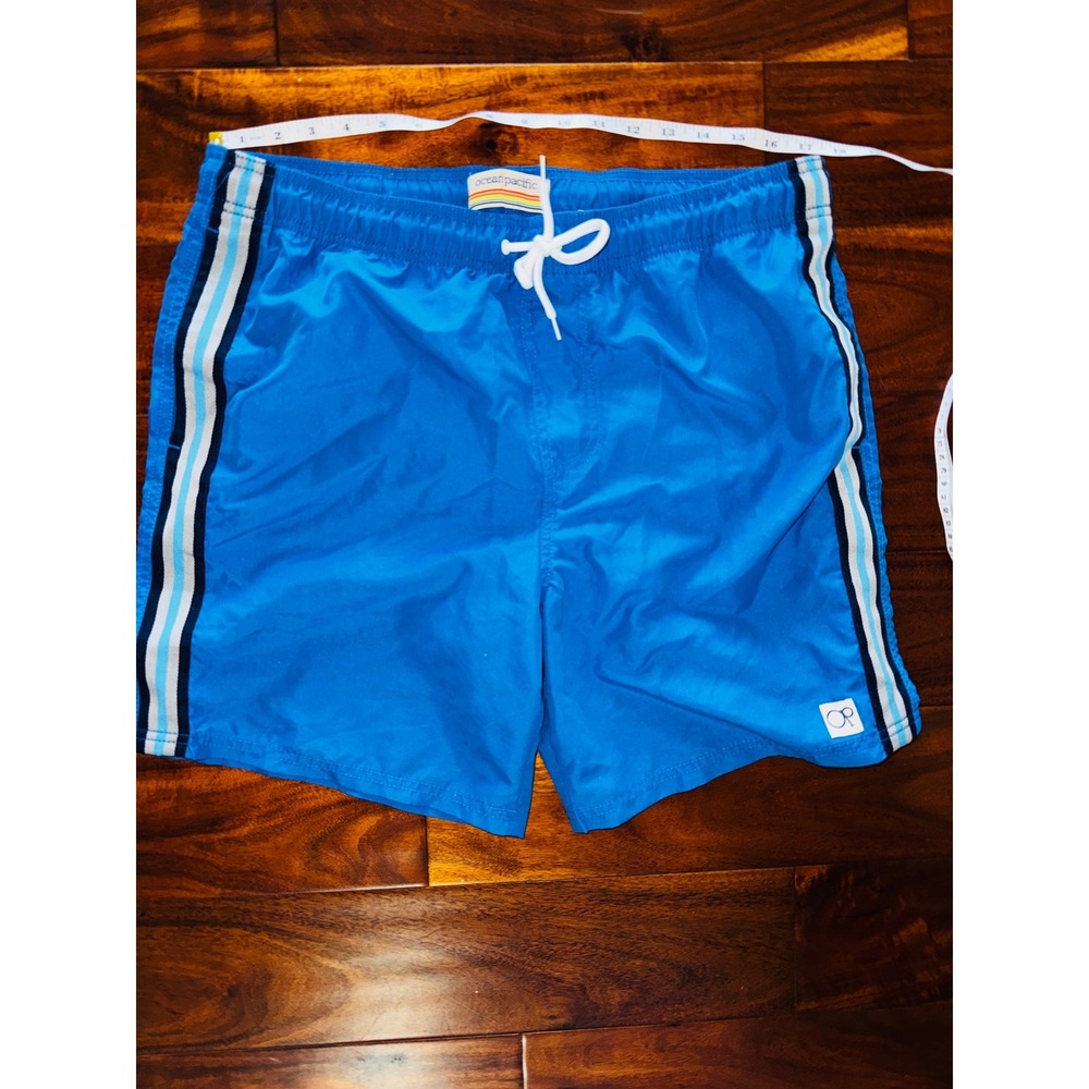 Ocean Pacific Swim Trunks Mens L Blue Side Stripe Mesh Lined Board Short